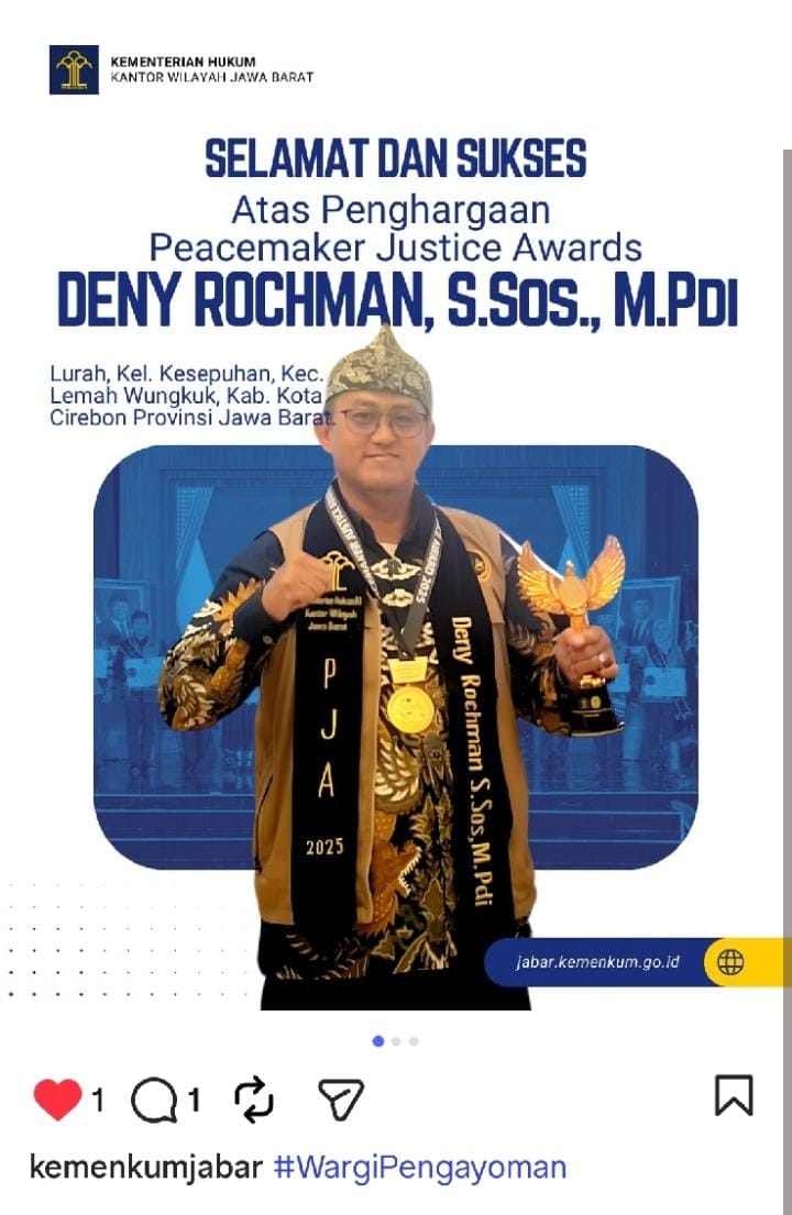 Lurah Kesepuhan Raih Penghargaan Peacemaker Justice Award Nasional, Jadi Representasi Kota Cirebon dalam Penyelesaian Sengketa Non-Litigasi