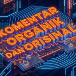 3D orange and blue text reading 'Komentar Organik dan Orisinal Tebal' with leaves and social media icons