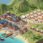 Illustrated earthquake-damaged island with relief tents, aid trucks, boats, and helicopter