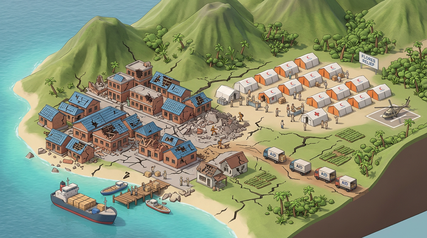 Illustrated earthquake-damaged island with relief tents, aid trucks, boats, and helicopter