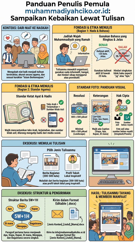 Infografis panduan penulis pemula muhammadiyahciko.or.id mengenai etika, standar foto, dan format pengiriman naskah