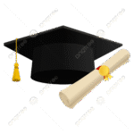 Topi toga wisuda hitam dan gulungan ijazah yang diikat pita merah dengan segel emas