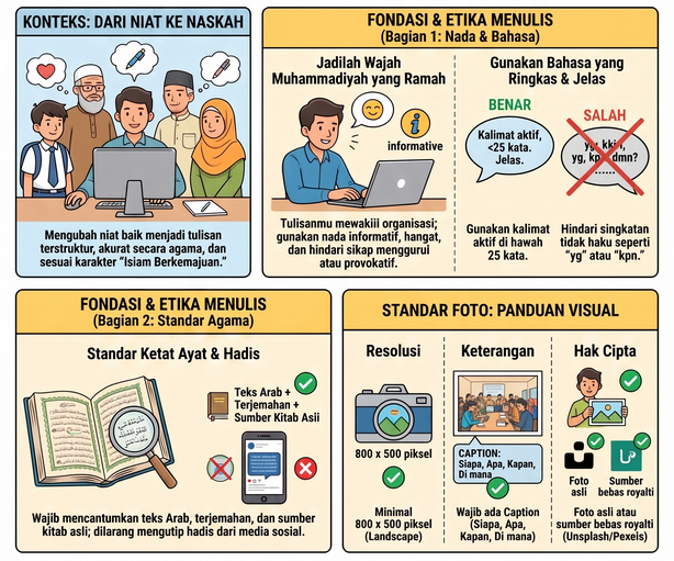 Panduan menulis dan foto: gunakan etika bahasa ramah, kutip ayat atau hadis dari kitab asli, dan penuhi standar visual foto