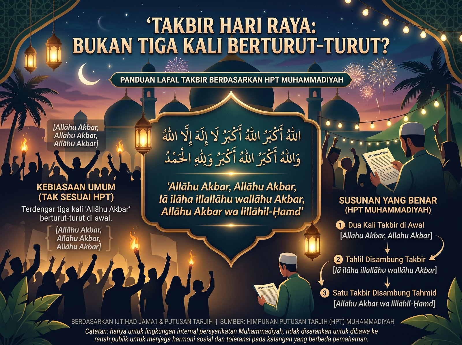 Infografis panduan lafal Takbir Hari Raya HPT Muhammadiyah: takbir dua kali di awal, diikuti tahlil, takbir, dan tahmid
