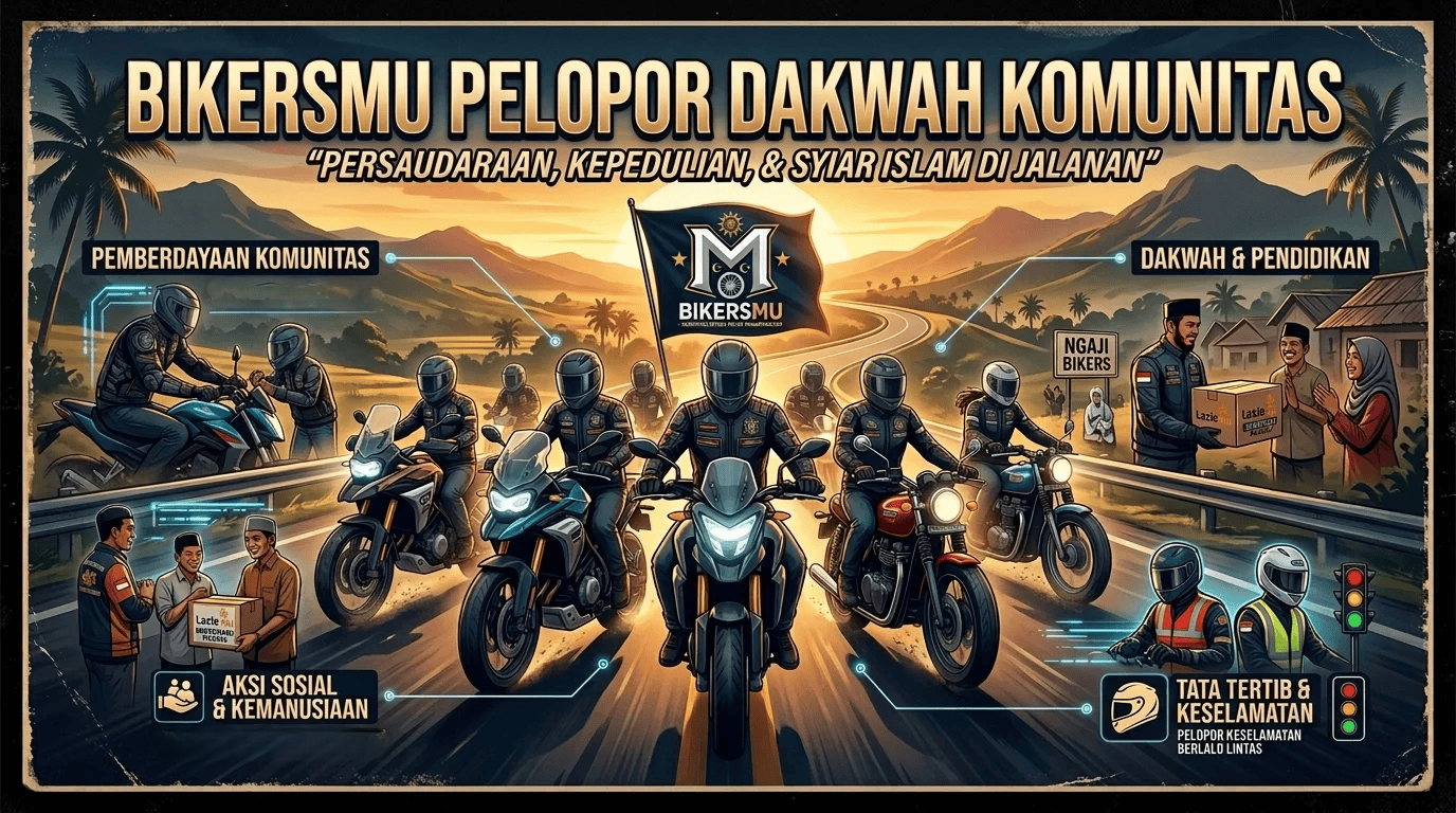 Poster BikersMu Pelopor Dakwah Komunitas dengan slogan Persaudaraan, Kepedulian, & Syiar Islam di Jalanan, memuat pilar pemberdayaan, dakwah, aksi sosial, dan keselamatan lalu lintas