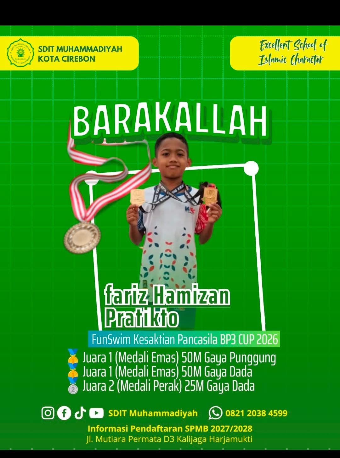 Fariz Hamizan Borong Dua Emas dan Satu Perak di Fun Swim Kesaktian Pancasila BP3 Cup 2026, SDIT Muhammadiyah Harjamukti Beri Apresiasi