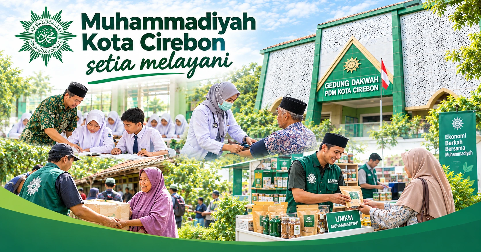 Gedung Dakwah PDM dan beragam pelayanan masyarakat bertuliskan Muhammadiyah Kota Cirebon setia melayani