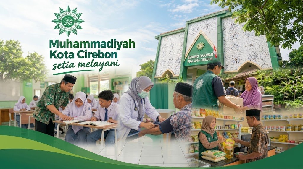 Gedung Dakwah PDM dan beragam pelayanan masyarakat bertuliskan Muhammadiyah Kota Cirebon setia melayani, rasio 16:9