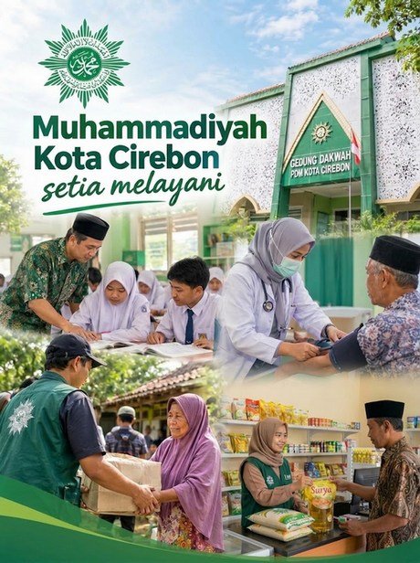 Gedung Dakwah PDM dan beragam pelayanan masyarakat bertuliskan Muhammadiyah Kota Cirebon setia melayani