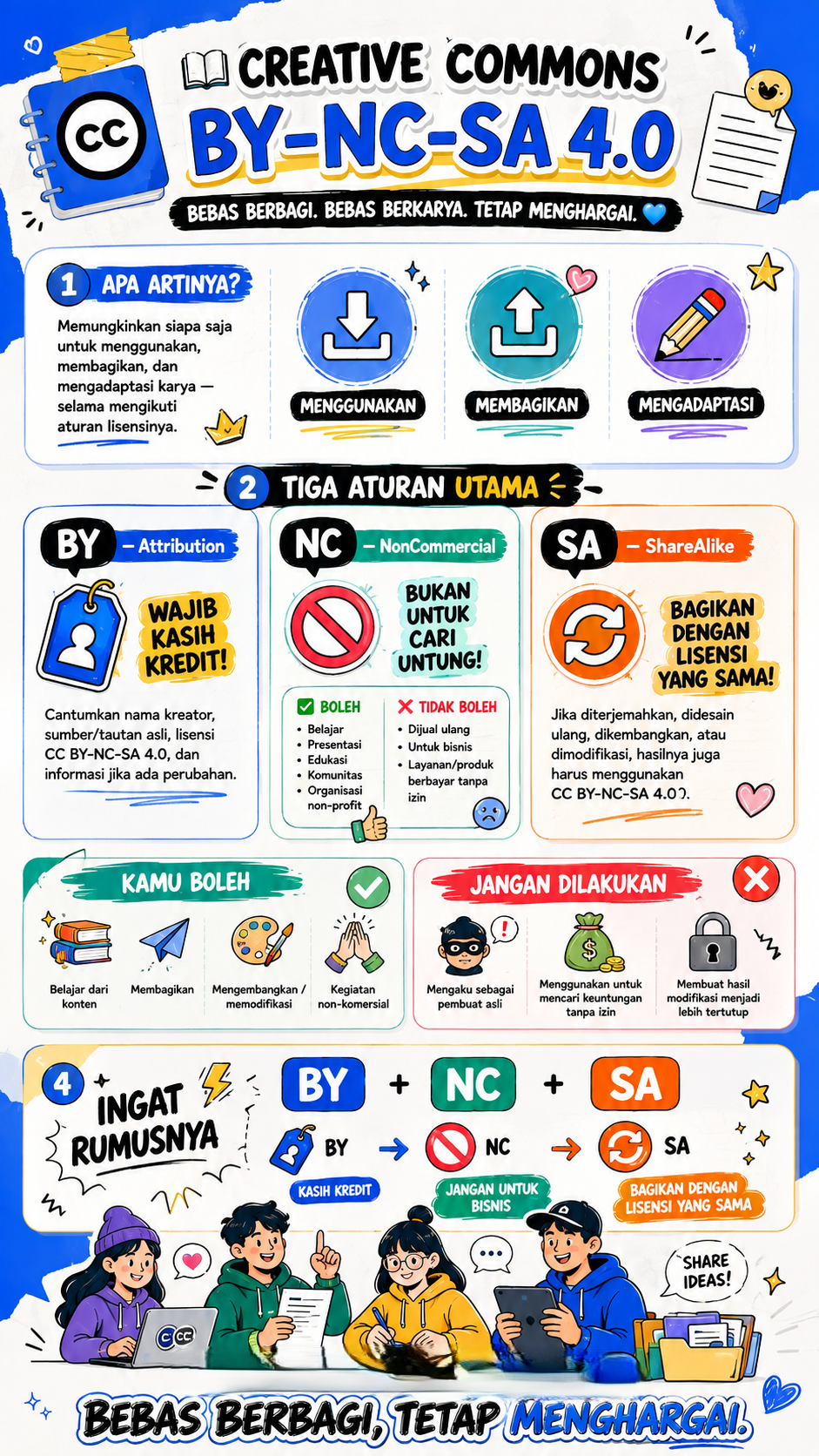 Infografis penjelasan lisensi Creative Commons BY-NC-SA 4.0: wajib atribusi, non-komersial, dan pembagian serupa