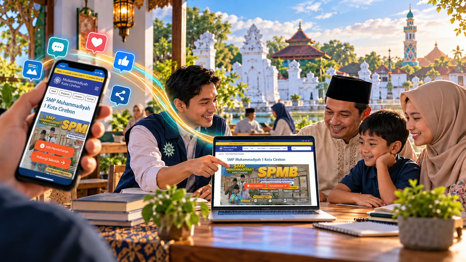 Ilustrasi warga melihat website SMP Muhammadiyah 1 Kota Cirebon pada laptop dan smartphone, dengan unggahan media sosial sebagai pintu masuk menuju informasi resmi.